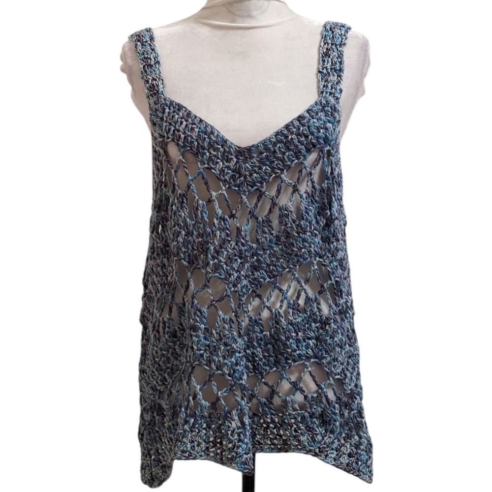 Boho Crochet Pullover Layering Piece or Swim Cover-Up Strappy Vest Blue Medium